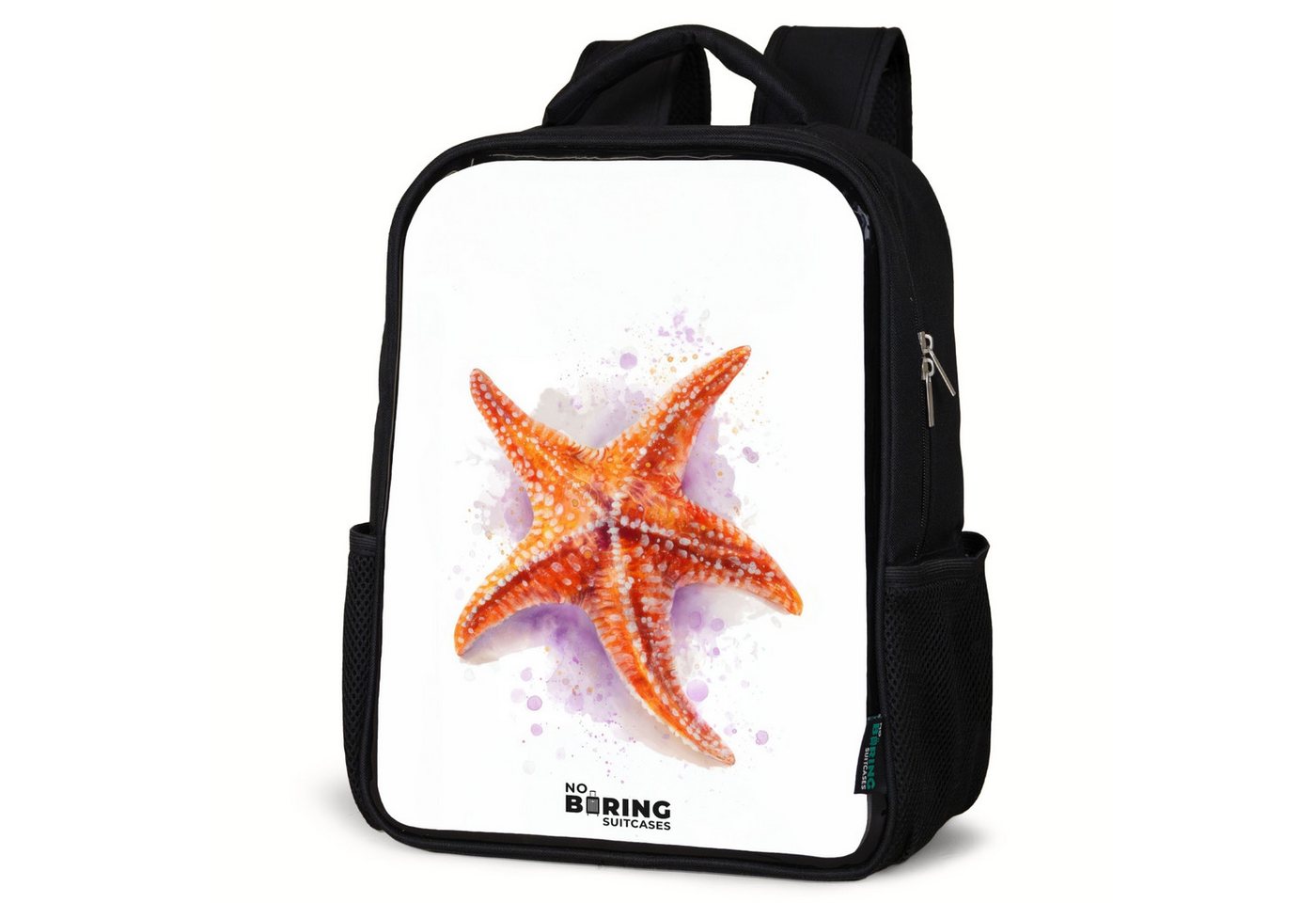 NoBoringSuitcases.com© Rucksack Orange Seestern Illustration, Kinderrucksack Schwarz, Schulrucksack, Freizeitrucksack Jungen Mädchen von NoBoringSuitcases.com©