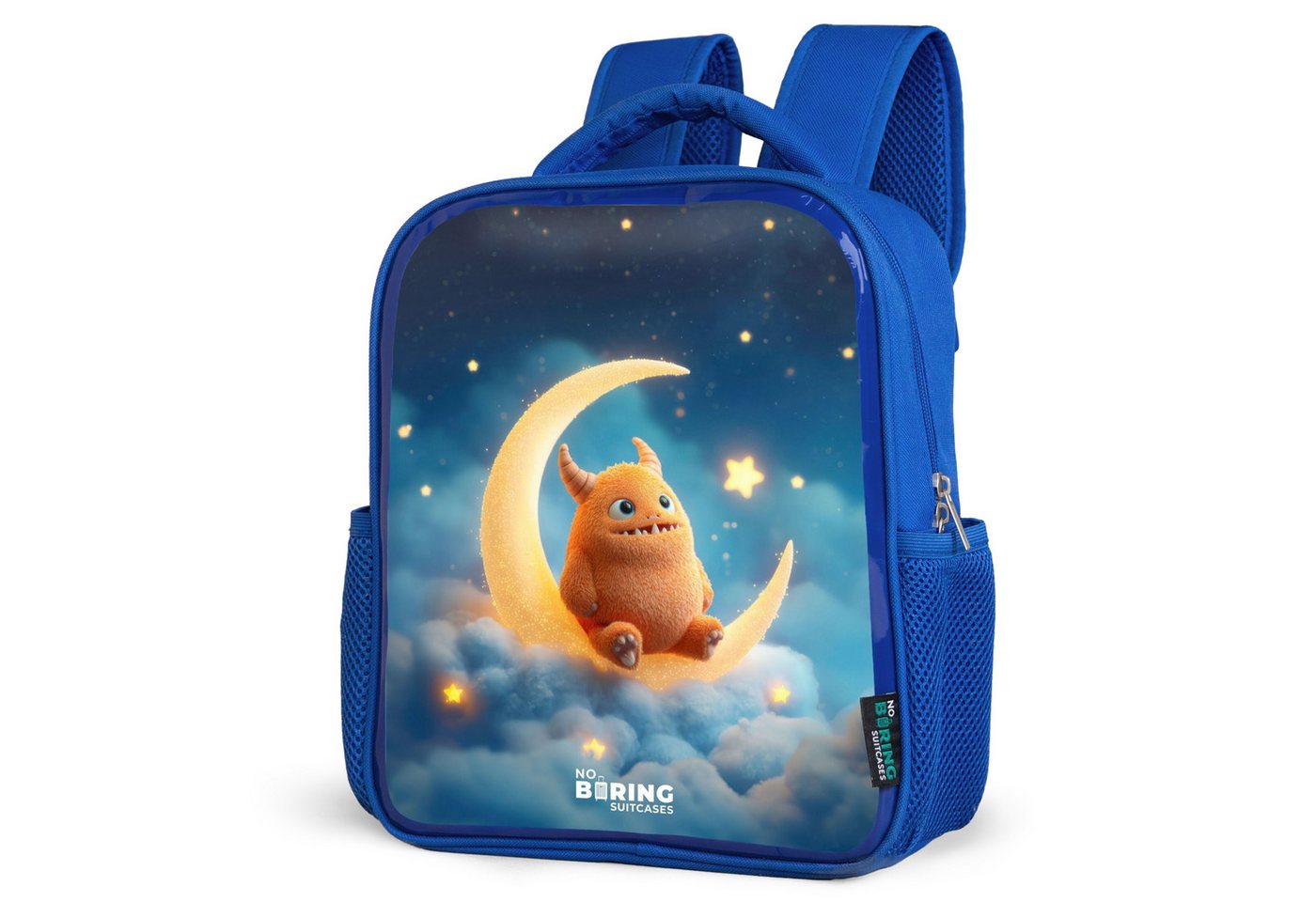 NoBoringSuitcases.com© Rucksack Orangefarbenes Ungeheuer auf Mondsichel, Kinderrucksack, Schulrucksack, Freizeitrucksack, Jungen, Kindergarten von NoBoringSuitcases.com©