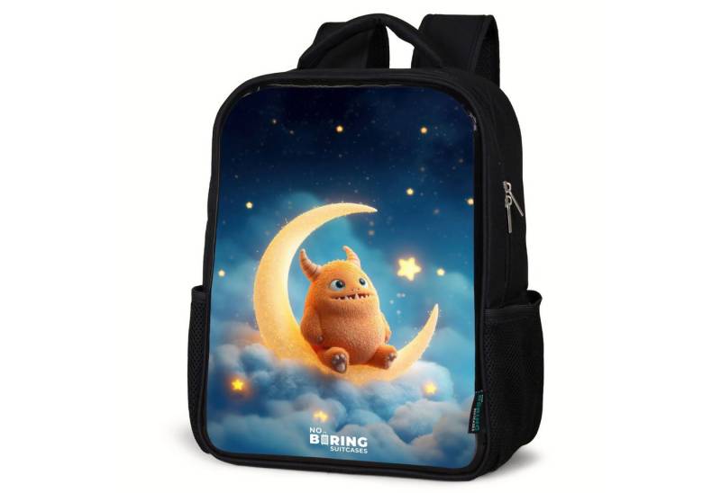 NoBoringSuitcases.com© Rucksack Orangefarbenes Ungeheuer auf Mondsichel, Kinderrucksack Schwarz, Schulrucksack, Freizeitrucksack Jungen Mädchen von NoBoringSuitcases.com©