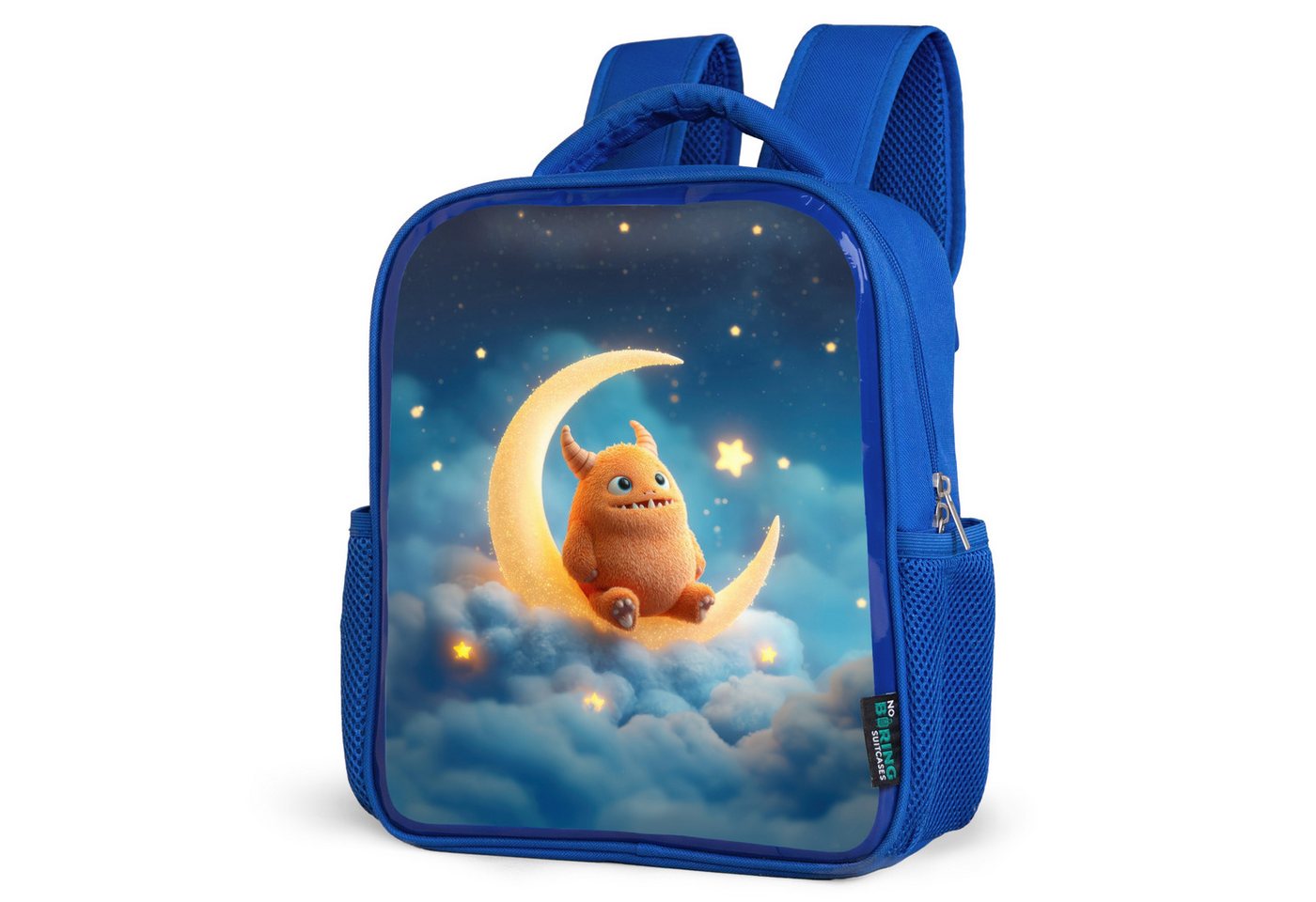 NoBoringSuitcases.com© Reisetasche Oranges Kuschelmonster auf einem glitzernden Mond, Kinderrucksack, Schulrucksack, Freizeitrucksack, Jungen, Kindergarten von NoBoringSuitcases.com©