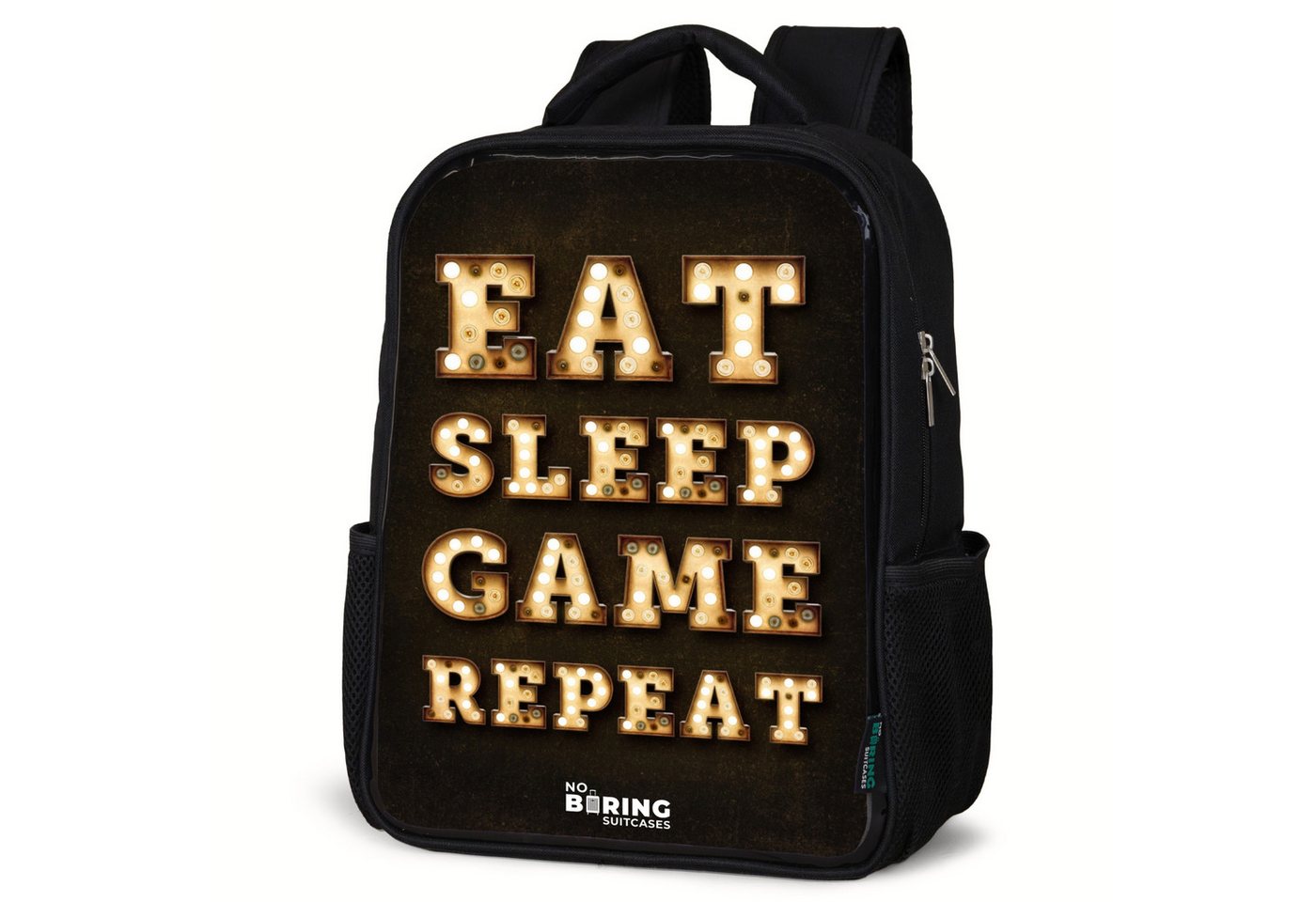 NoBoringSuitcases.com© Rucksack Qoute mit Licht, Kinderrucksack Schwarz, Schulrucksack, Freizeitrucksack Jungen Mädchen von NoBoringSuitcases.com©