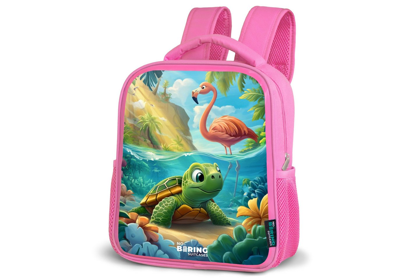 NoBoringSuitcases.com© Rucksack Schildkröte in tropischem Wasser mit Flamingo, Kinderrucksack, Schulrucksack, Freizeitrucksack, Mädchen, Kindergarten von NoBoringSuitcases.com©