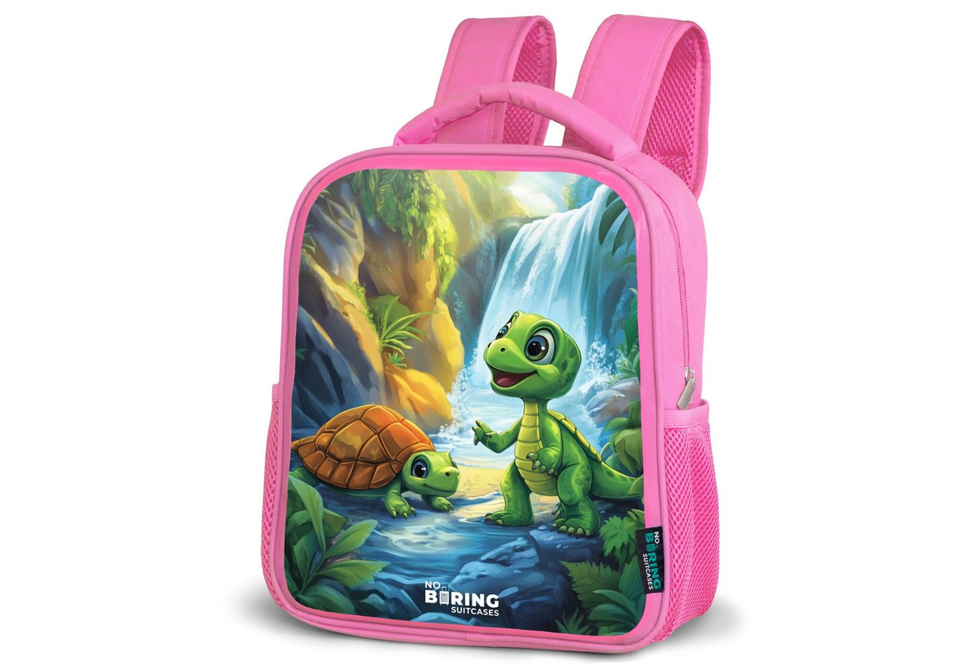 NoBoringSuitcases.com© Rucksack Schildkröte und Dino am Wasserfall im tropischen Wald, Kinderrucksack, Schulrucksack, Freizeitrucksack, Mädchen, Kindergarten von NoBoringSuitcases.com©