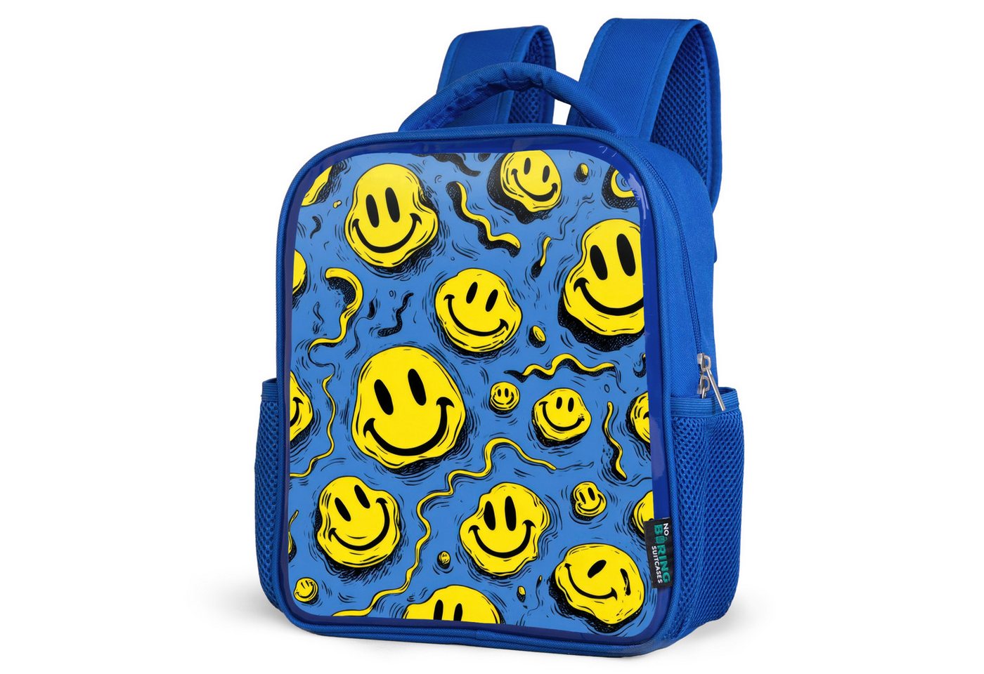 NoBoringSuitcases.com© Reisetasche Schmelzendes Lächeln auf Blau, Kinderrucksack, Schulrucksack, Freizeitrucksack, Jungen, Kindergarten von NoBoringSuitcases.com©