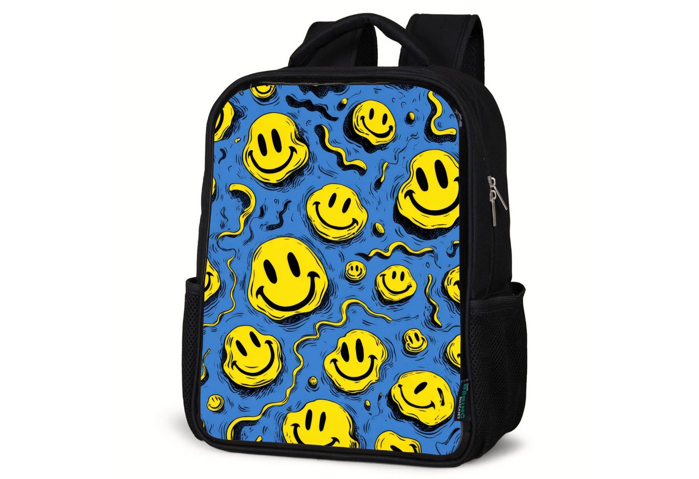 NoBoringSuitcases.com© Reisetasche Schmelzendes Lächeln auf Blau, Kinderrucksack Schwarz, Schulrucksack, Freizeitrucksack Jungen Mädchen von NoBoringSuitcases.com©
