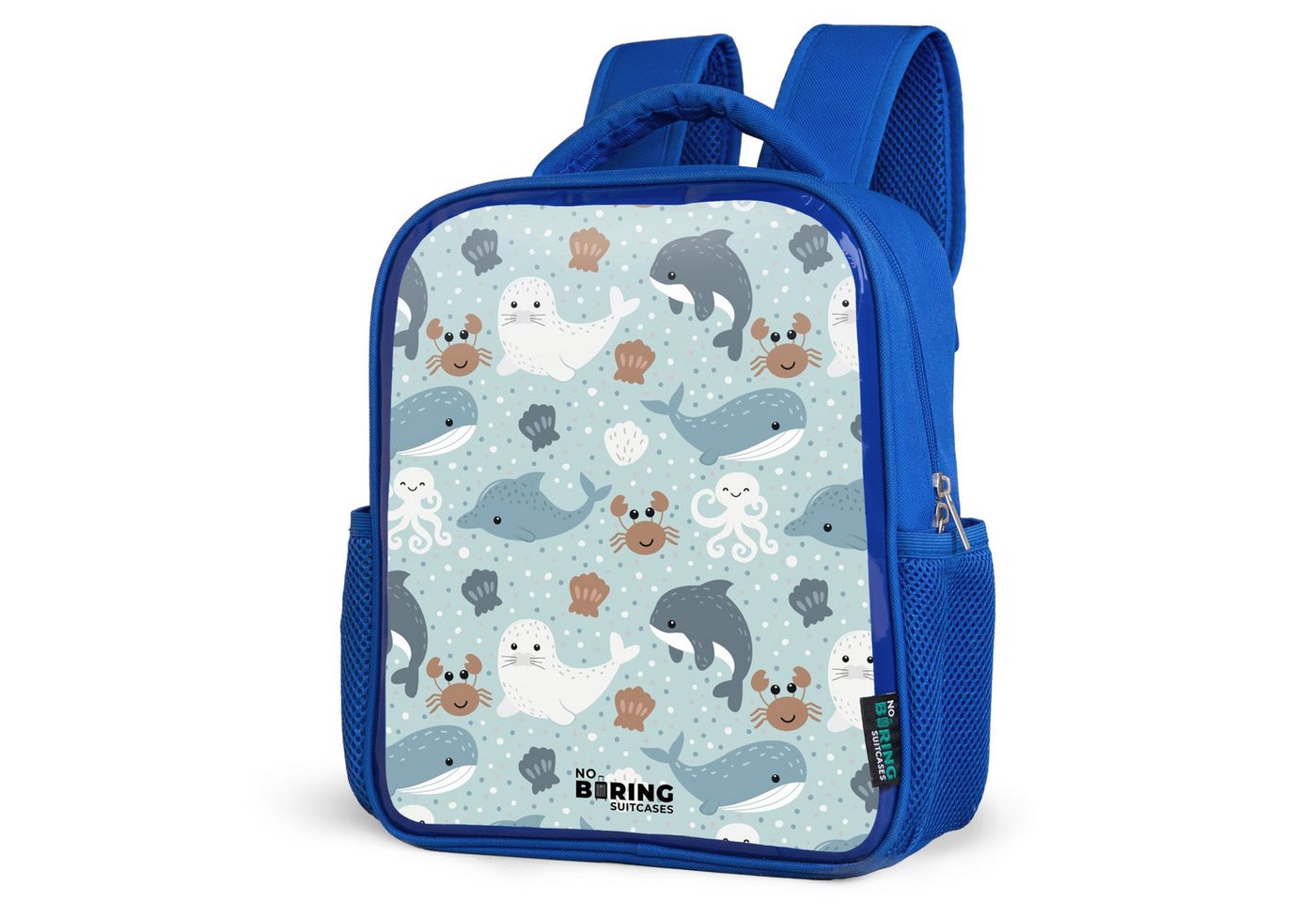 NoBoringSuitcases.com© Rucksack Seetiermuster mit Delphinen, Robben und Krabben, Kinderrucksack, Schulrucksack, Freizeitrucksack, Jungen, Kindergarten von NoBoringSuitcases.com©
