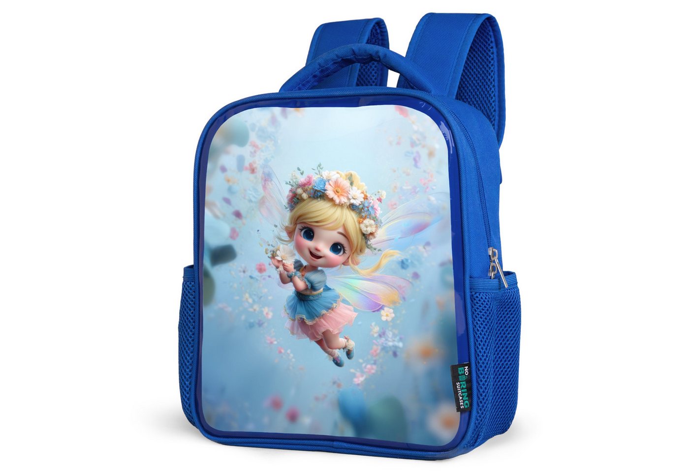 NoBoringSuitcases.com© Reisetasche Strahlende Blumenfee schwebt in einem blauen Blumenhimmel, Kinderrucksack, Schulrucksack, Freizeitrucksack, Jungen, Kindergarten von NoBoringSuitcases.com©