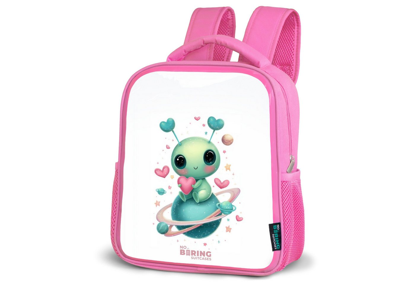 NoBoringSuitcases.com© Rucksack Süßer kleiner Außerirdischer mit Herz, Kinderrucksack, Schulrucksack, Freizeitrucksack, Mädchen, Kindergarten von NoBoringSuitcases.com©