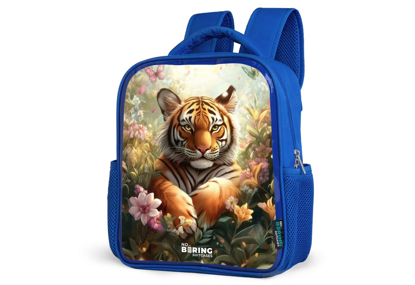 NoBoringSuitcases.com© Rucksack Tiger im Blumenfeld mit Schmetterlingen und Sonnenlicht, Kinderrucksack, Schulrucksack, Freizeitrucksack, Jungen, Kindergarten von NoBoringSuitcases.com©