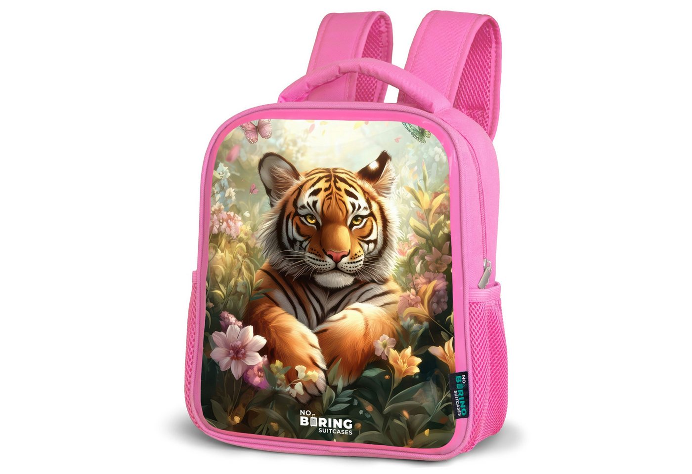 NoBoringSuitcases.com© Rucksack Tiger im Blumenfeld mit Schmetterlingen und Sonnenlicht, Kinderrucksack, Schulrucksack, Freizeitrucksack, Mädchen, Kindergarten von NoBoringSuitcases.com©