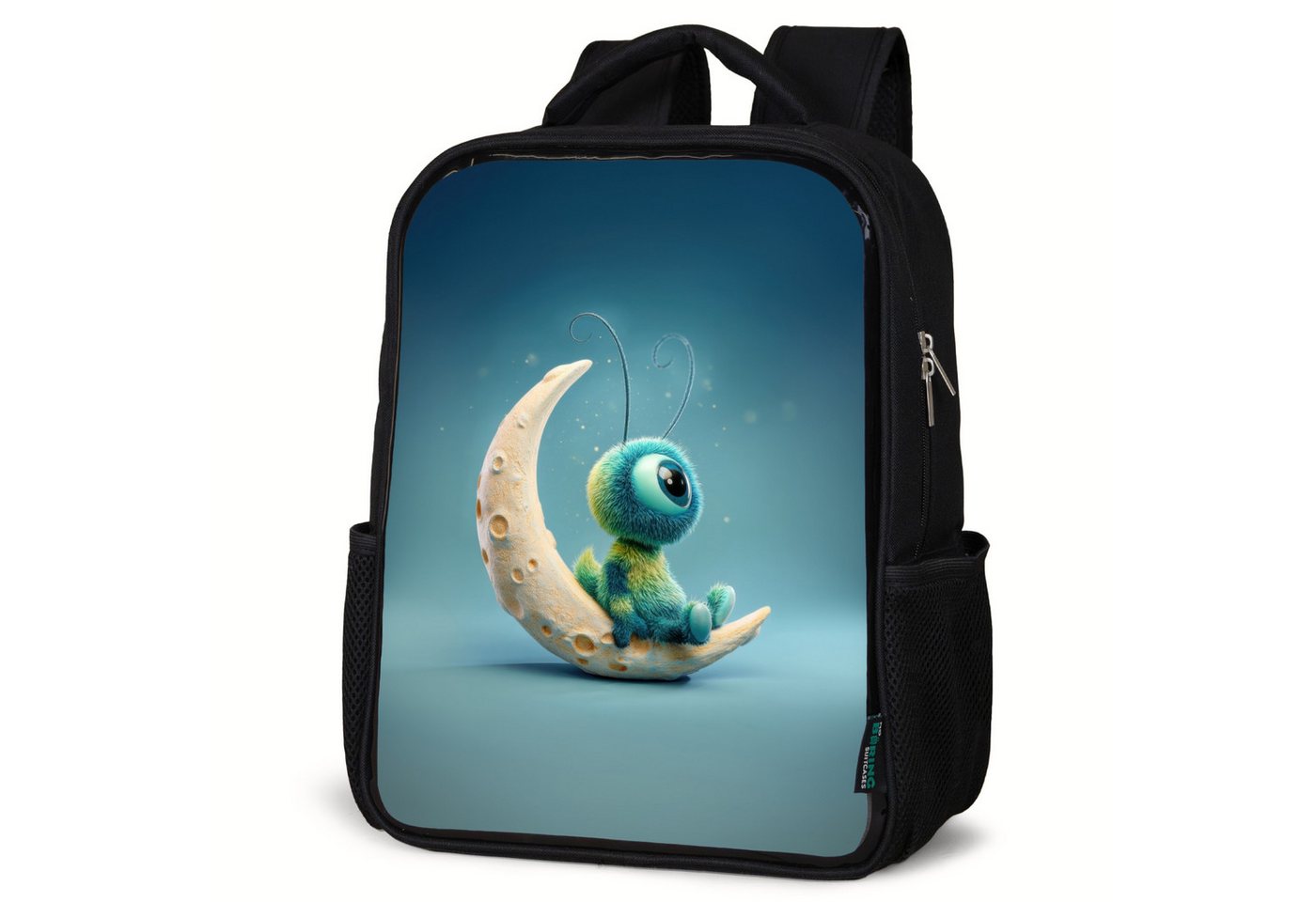 NoBoringSuitcases.com© Reisetasche Verträumtes flauschiges Geschöpf auf Mondsichel sitzend, Kinderrucksack Schwarz, Schulrucksack, Freizeitrucksack Jungen Mädchen von NoBoringSuitcases.com©