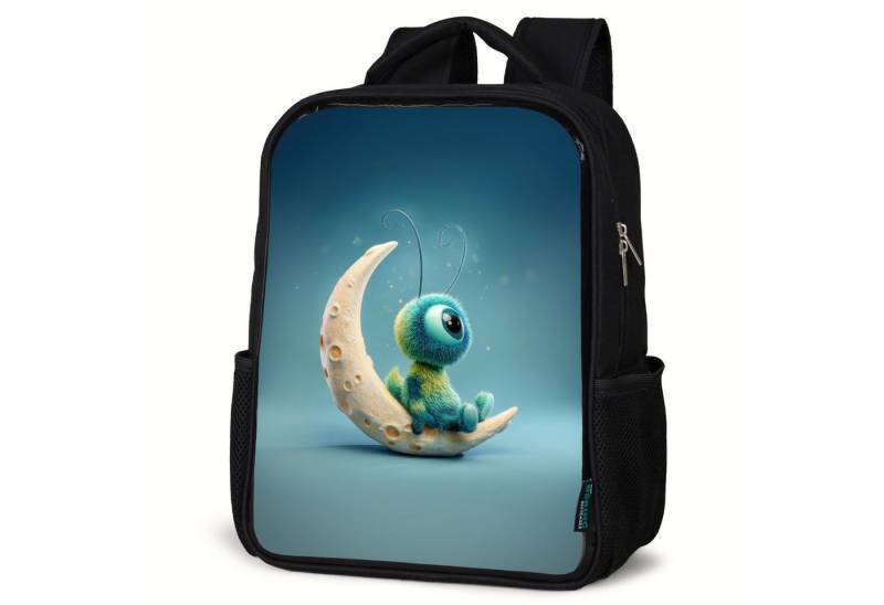 NoBoringSuitcases.com© Reisetasche Verträumtes flauschiges Geschöpf auf Mondsichel sitzend, Kinderrucksack Schwarz, Schulrucksack, Freizeitrucksack Jungen Mädchen von NoBoringSuitcases.com©