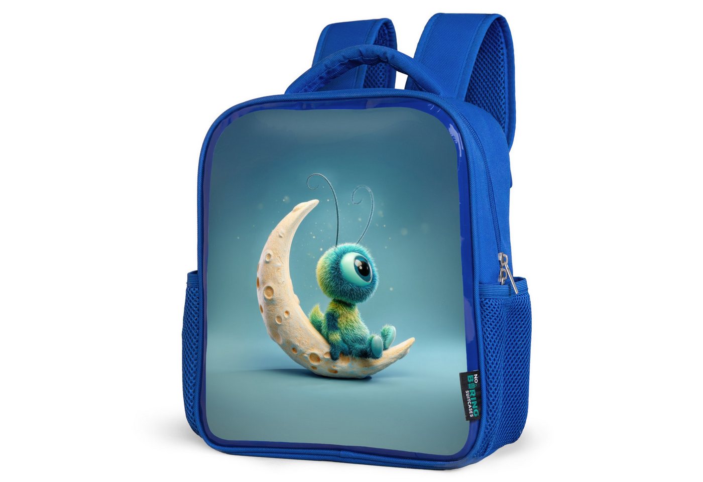 NoBoringSuitcases.com© Reisetasche Verträumtes flauschiges Wesen auf Mondsichel sitzend, Kinderrucksack, Schulrucksack, Freizeitrucksack, Jungen, Kindergarten von NoBoringSuitcases.com©