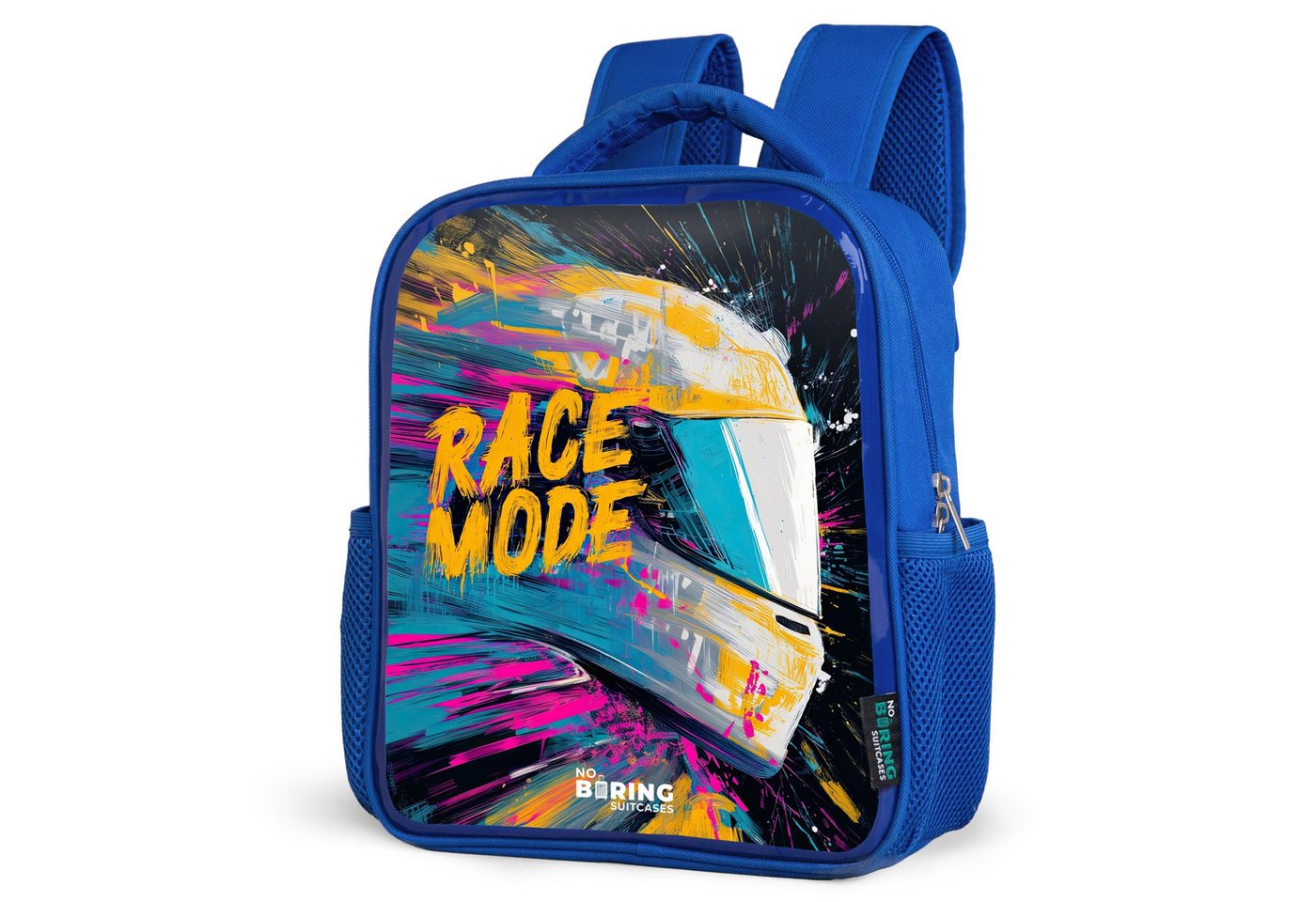 NoBoringSuitcases.com© Rucksack Rennhelm - Farbspritzer - Pinselstriche - Rennmode, Kinderrucksack, Schulrucksack, Freizeitrucksack, Jungen, Kindergarten von NoBoringSuitcases.com©