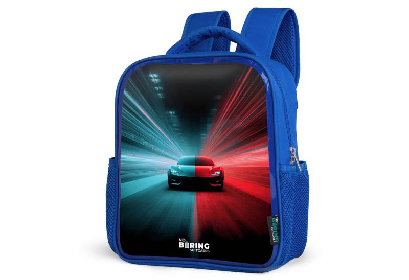 NoBoringSuitcases.com© Rucksack Sportwagen - Lichtstrahlen - Neon - Blau, Kinderrucksack, Schulrucksack, Freizeitrucksack, Jungen, Kindergarten von NoBoringSuitcases.com©