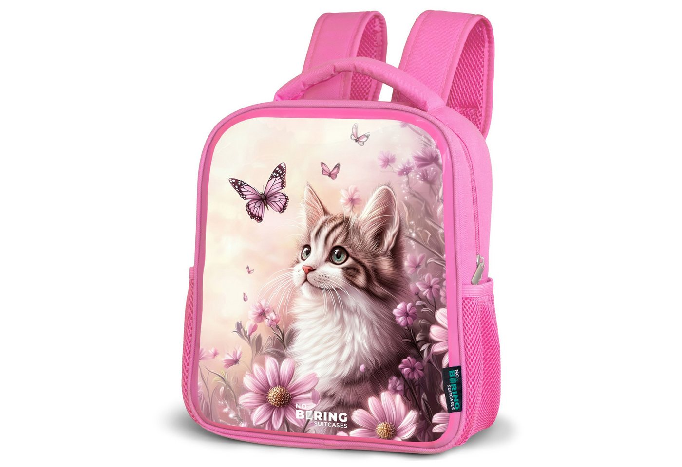 NoBoringSuitcases.com© Rucksack Katze - Lila - Schmetterlinge - Blumen, Kinderrucksack, Schulrucksack, Freizeitrucksack, Mädchen, Kindergarten von NoBoringSuitcases.com©