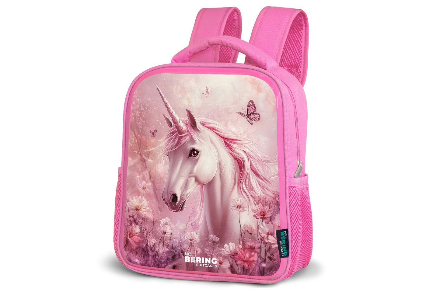 NoBoringSuitcases.com© Rucksack Einhorn - Rosa - Schmetterlinge - Blumen, Kinderrucksack, Schulrucksack, Freizeitrucksack, Mädchen, Kindergarten von NoBoringSuitcases.com©