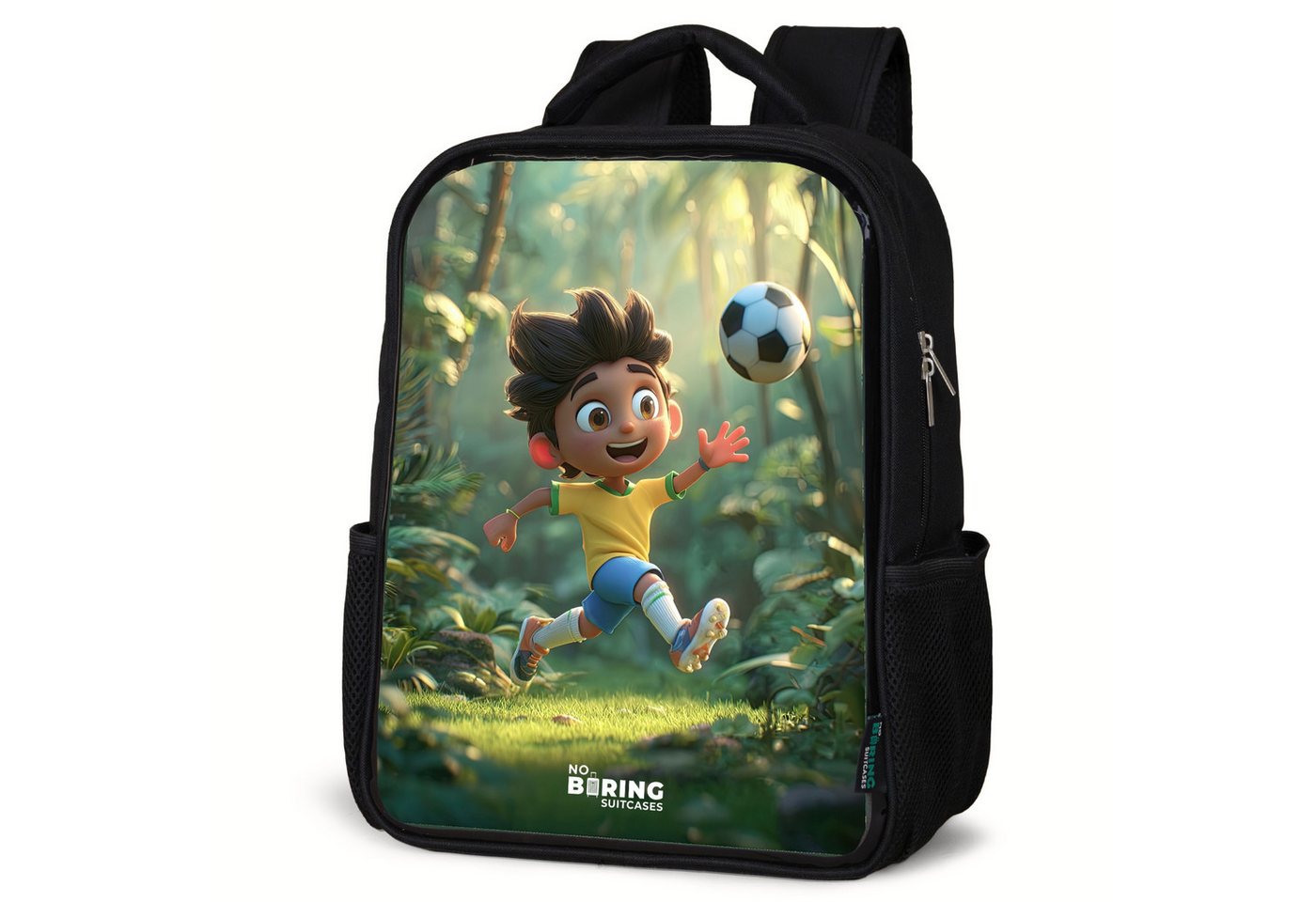 NoBoringSuitcases.com© Rucksack Fußball - Junge - Wald, Kinderrucksack Schwarz, Schulrucksack, Freizeitrucksack Jungen Mädchen von NoBoringSuitcases.com©