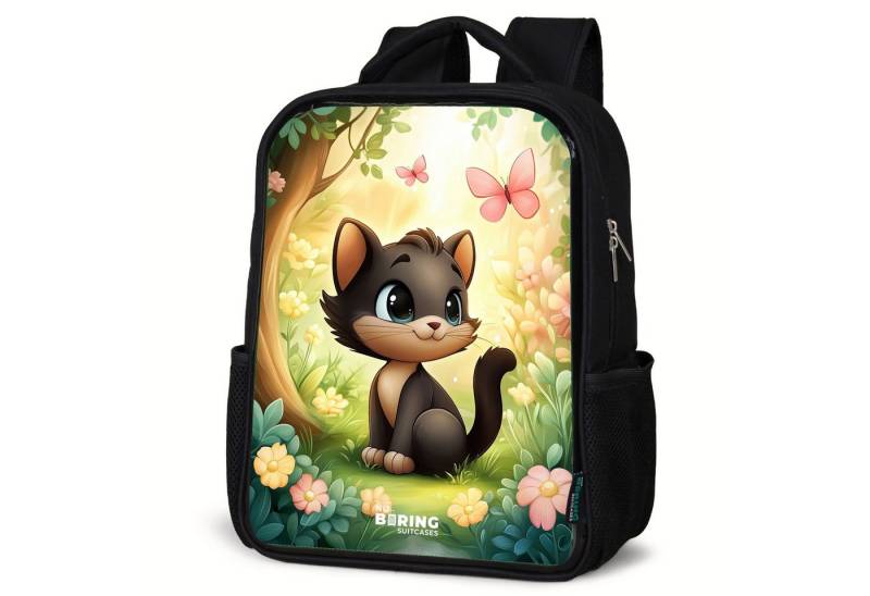 NoBoringSuitcases.com© Rucksack Katze - Schmetterling - Blumen, Kinderrucksack Schwarz, Schulrucksack, Freizeitrucksack Jungen Mädchen von NoBoringSuitcases.com©