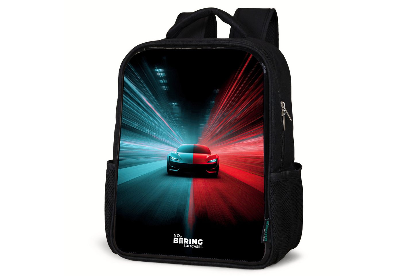 NoBoringSuitcases.com© Rucksack Sportwagen - Lichtstrahlen - Neon - Blau, Kinderrucksack Schwarz, Schulrucksack, Freizeitrucksack Jungen Mädchen von NoBoringSuitcases.com©