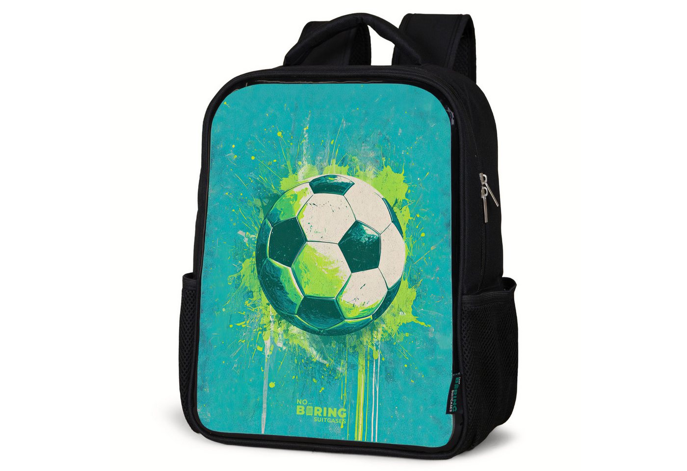 NoBoringSuitcases.com© Rucksack Fußball - Farbspritzer - Grün - Blau, Kinderrucksack Schwarz, Schulrucksack, Freizeitrucksack Jungen Mädchen von NoBoringSuitcases.com©