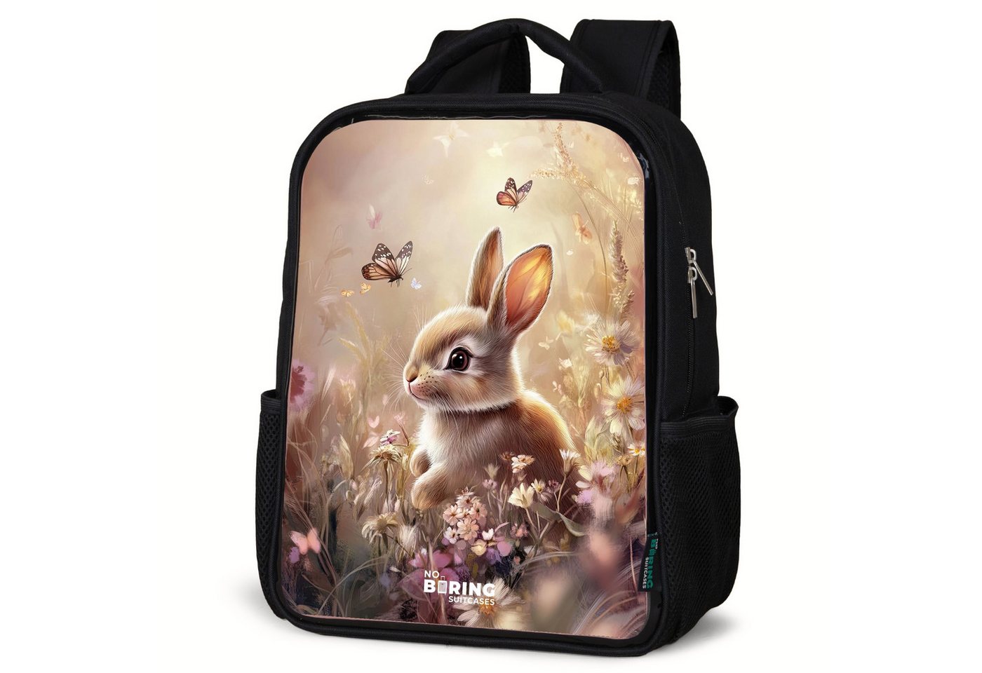 NoBoringSuitcases.com© Rucksack Blumen - Braun - Hase - Schmetterling, Kinderrucksack Schwarz, Schulrucksack, Freizeitrucksack Jungen Mädchen von NoBoringSuitcases.com©