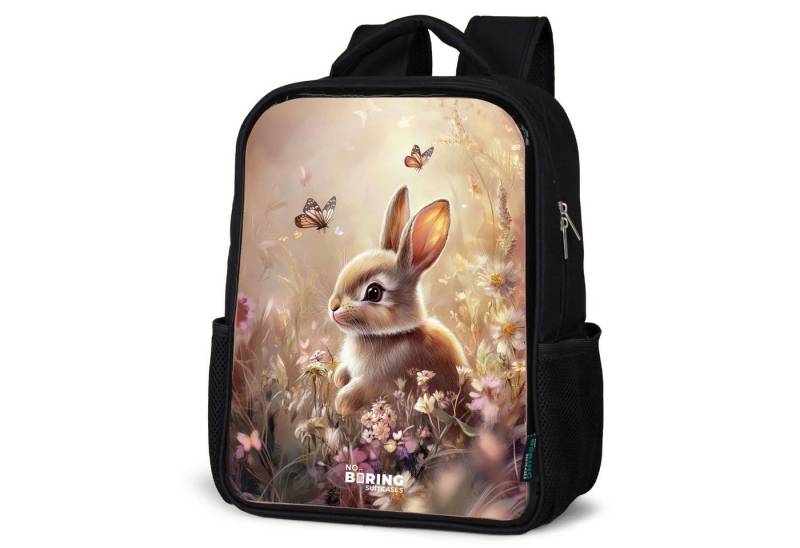 NoBoringSuitcases.com© Rucksack Blumen - Braun - Hase - Schmetterling, Kinderrucksack Schwarz, Schulrucksack, Freizeitrucksack Jungen Mädchen von NoBoringSuitcases.com©