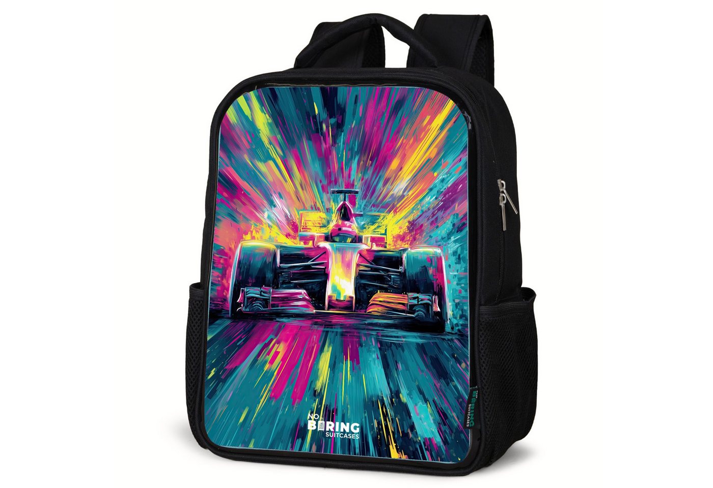 NoBoringSuitcases.com© Rucksack Rennwagen - Explosion - Bunt - Abstrakt, Kinderrucksack Schwarz, Schulrucksack, Freizeitrucksack Jungen Mädchen von NoBoringSuitcases.com©
