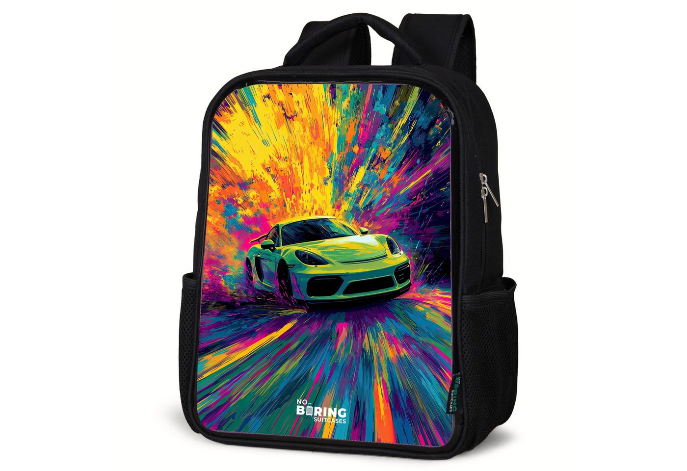 NoBoringSuitcases.com© Rucksack Sportwagen - Explosion - Farbenfroh - Lackstreifen, Kinderrucksack Schwarz, Schulrucksack, Freizeitrucksack Jungen Mädchen von NoBoringSuitcases.com©