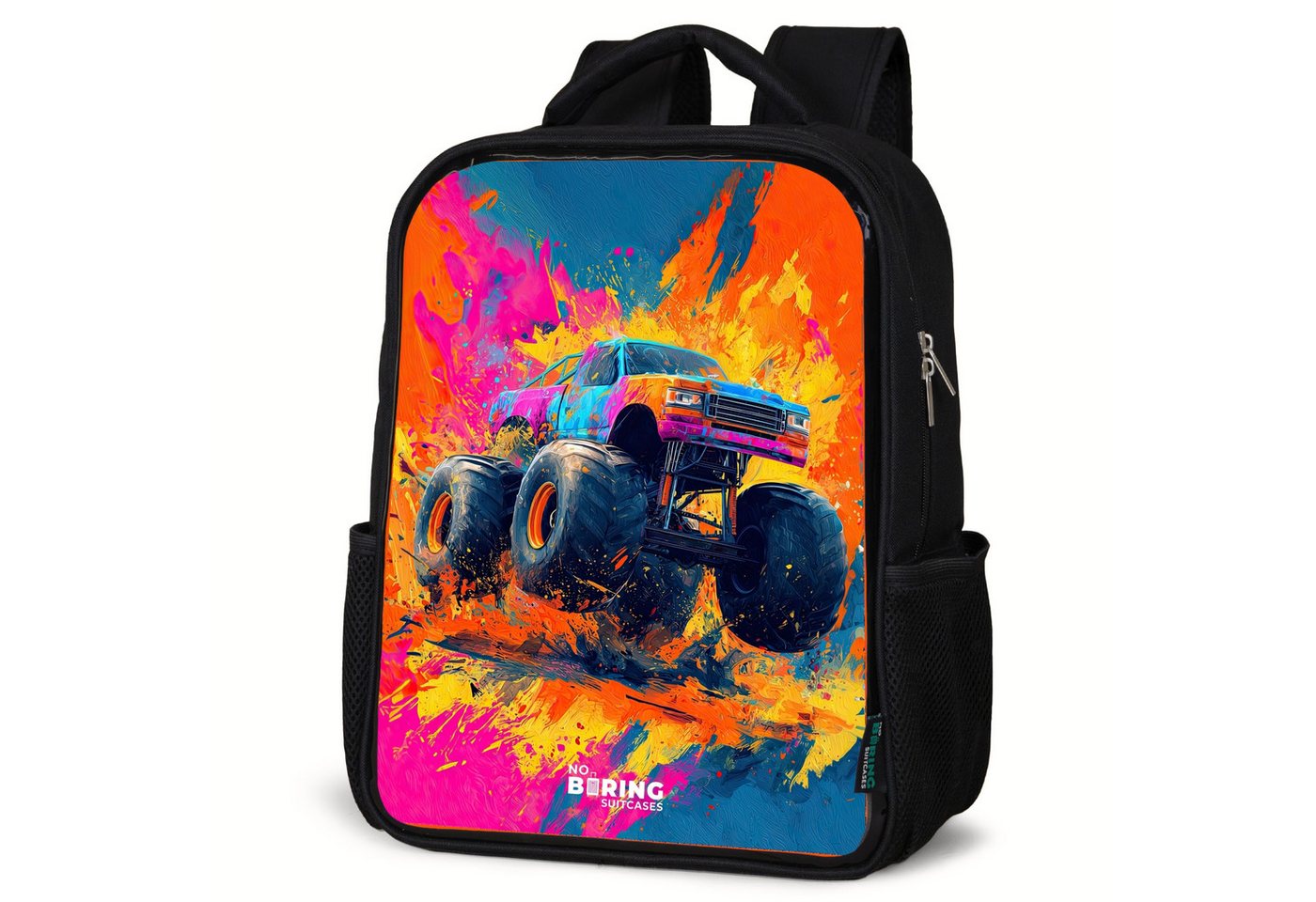NoBoringSuitcases.com© Rucksack Monstertruck - Farbspritzer - Bunt - Explosion, Kinderrucksack Schwarz, Schulrucksack, Freizeitrucksack Jungen Mädchen von NoBoringSuitcases.com©