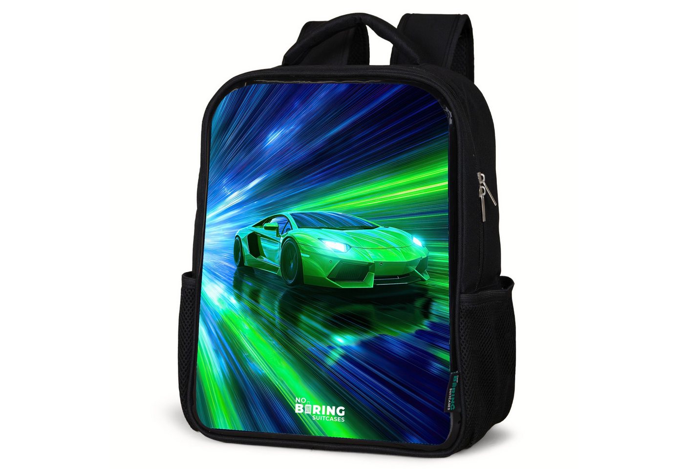 NoBoringSuitcases.com© Rucksack Rennwagen - Hellgrün - Lichtstrahlen - Geschwindigkeit, Kinderrucksack Schwarz, Schulrucksack, Freizeitrucksack Jungen Mädchen von NoBoringSuitcases.com©