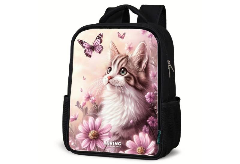 NoBoringSuitcases.com© Rucksack Katze - Lila - Schmetterlinge - Blumen, Kinderrucksack Schwarz, Schulrucksack, Freizeitrucksack Jungen Mädchen von NoBoringSuitcases.com©