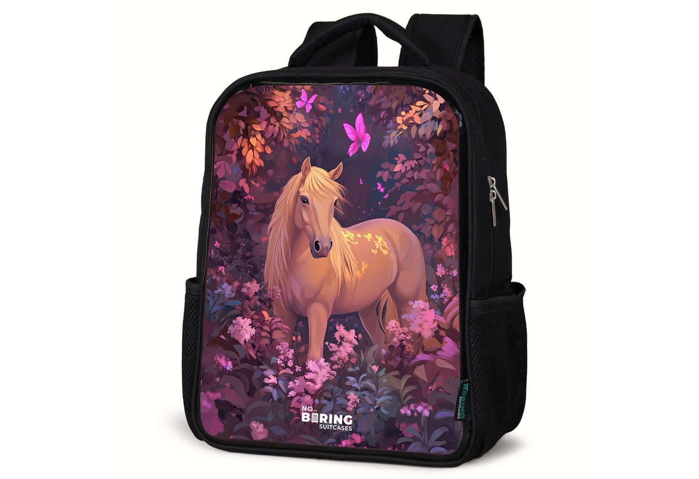 NoBoringSuitcases.com© Rucksack Pferd - Blumen - Lila - Schmetterling, Kinderrucksack Schwarz, Schulrucksack, Freizeitrucksack Jungen Mädchen von NoBoringSuitcases.com©