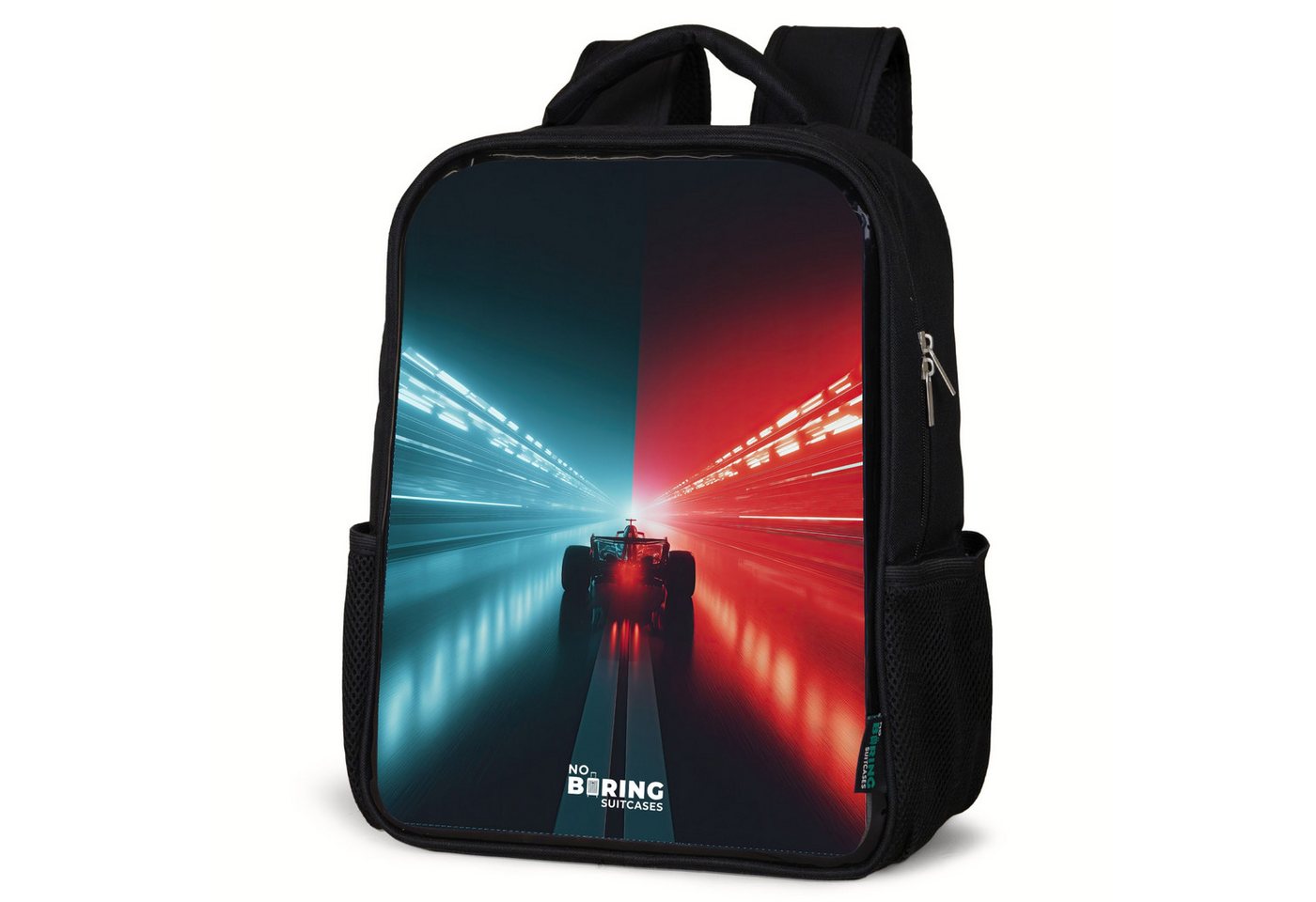 NoBoringSuitcases.com© Rucksack Rennstrecke - Rennwagen - Neon - Rot, Kinderrucksack Schwarz, Schulrucksack, Freizeitrucksack Jungen Mädchen von NoBoringSuitcases.com©