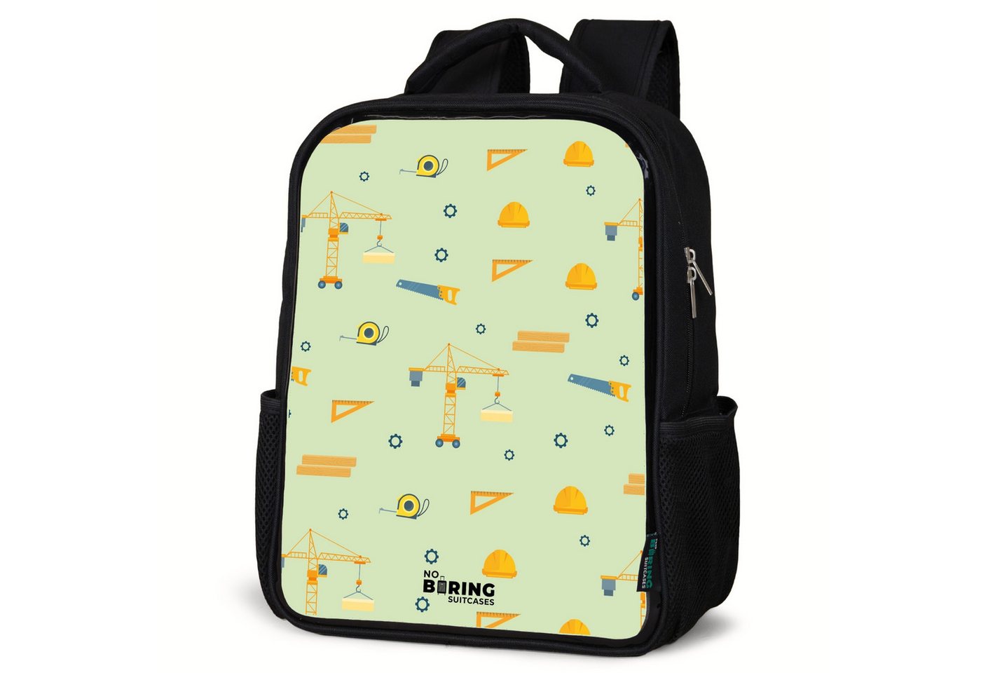 NoBoringSuitcases.com© Rucksack Baukräne und Zimmermannswerkzeuge auf mintgrünem Hintergrund, Kinderrucksack Schwarz, Schulrucksack, Freizeitrucksack Jungen Mädchen von NoBoringSuitcases.com©