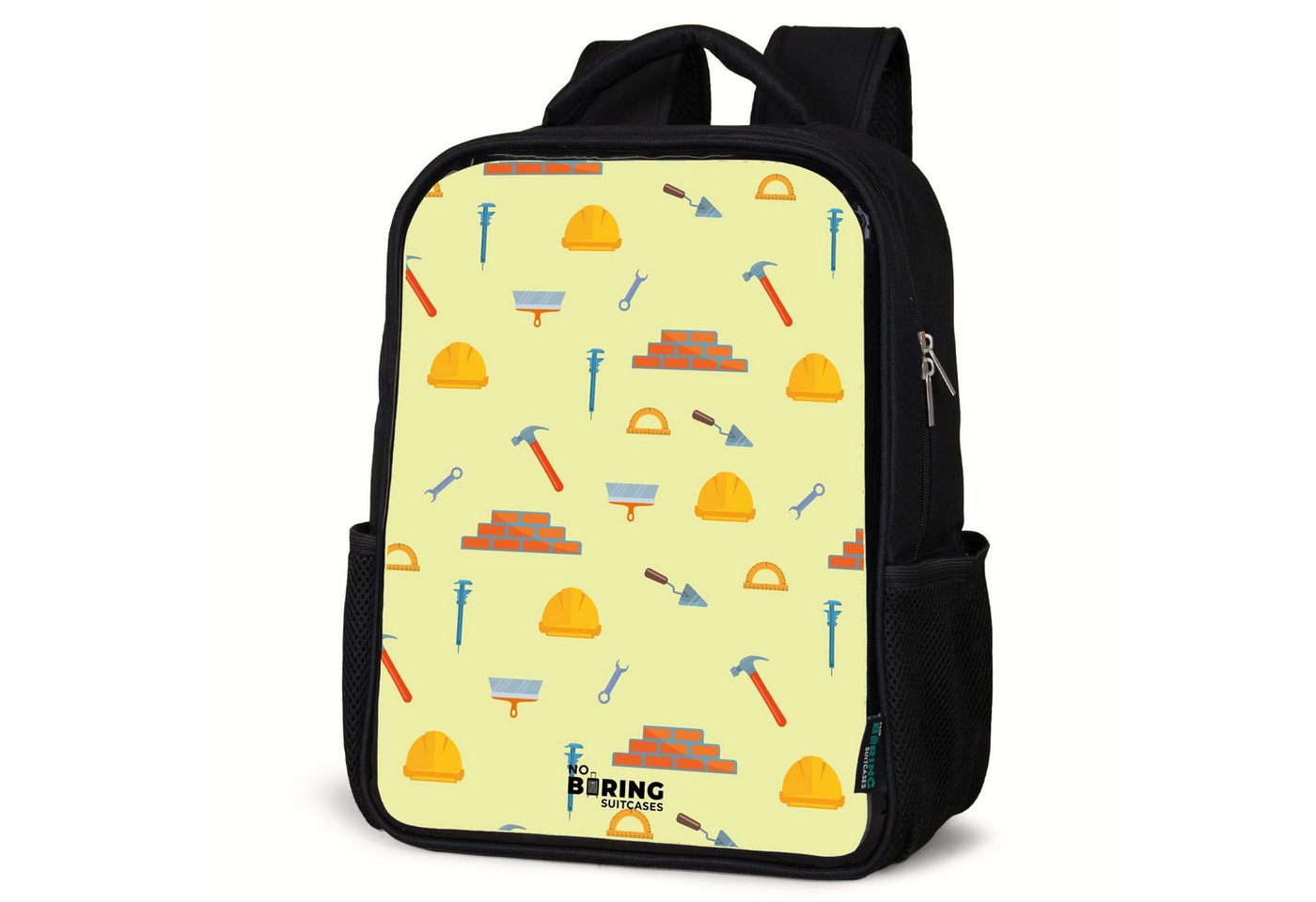 NoBoringSuitcases.com© Rucksack Bauwerkzeugmuster auf hellgelbem Hintergrund, Kinderrucksack Schwarz, Schulrucksack, Freizeitrucksack Jungen Mädchen von NoBoringSuitcases.com©