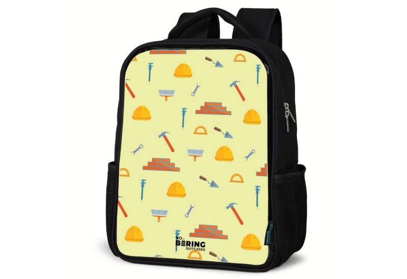 NoBoringSuitcases.com© Rucksack Bauwerkzeugmuster auf hellgelbem Hintergrund, Kinderrucksack Schwarz, Schulrucksack, Freizeitrucksack Jungen Mädchen von NoBoringSuitcases.com©