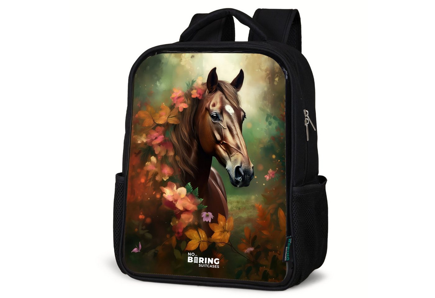 NoBoringSuitcases.com© Rucksack Braun - Pferd - Blumen - Herbsttöne, Kinderrucksack Schwarz, Schulrucksack, Freizeitrucksack Jungen Mädchen von NoBoringSuitcases.com©