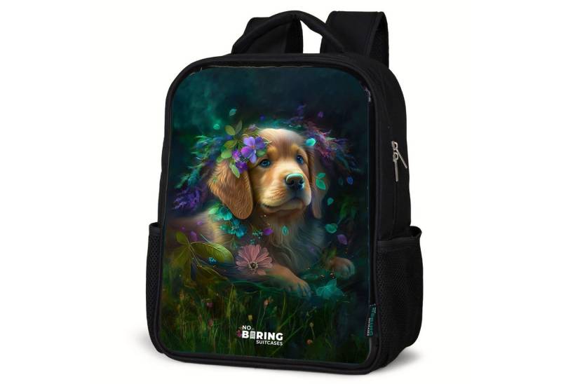 NoBoringSuitcases.com© Rucksack Brauner Hund zwischen Blumen, Kinderrucksack Schwarz, Schulrucksack, Freizeitrucksack Jungen Mädchen von NoBoringSuitcases.com©