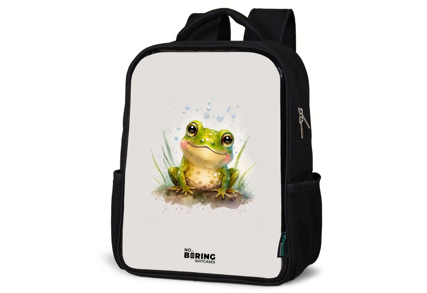 NoBoringSuitcases.com© Rucksack Frosch - Grün - Aquarell - Tiere, Kinderrucksack Schwarz, Schulrucksack, Freizeitrucksack Jungen Mädchen von NoBoringSuitcases.com©