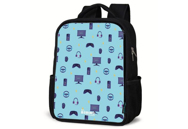 NoBoringSuitcases.com© Rucksack Gamer-Muster mit Gaming-Zubehör auf Blau, Kinderrucksack Schwarz, Schulrucksack, Freizeitrucksack Jungen Mädchen von NoBoringSuitcases.com©