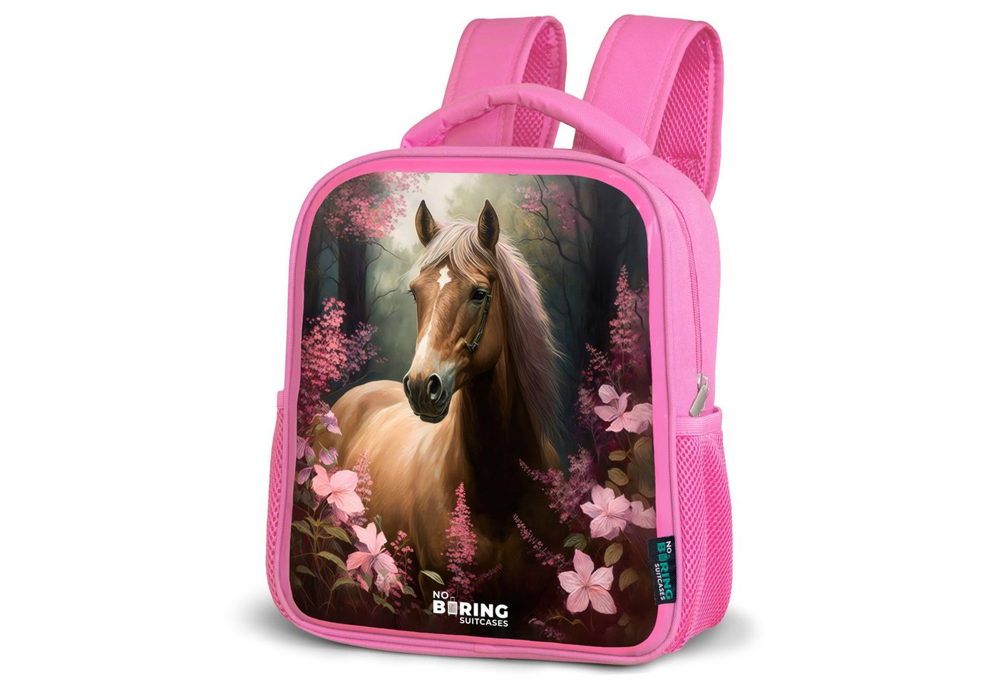 NoBoringSuitcases.com© Rucksack Goldbraun - Pferd - Blumen, Kinderrucksack, Schulrucksack, Freizeitrucksack, Mädchen, Kindergarten von NoBoringSuitcases.com©