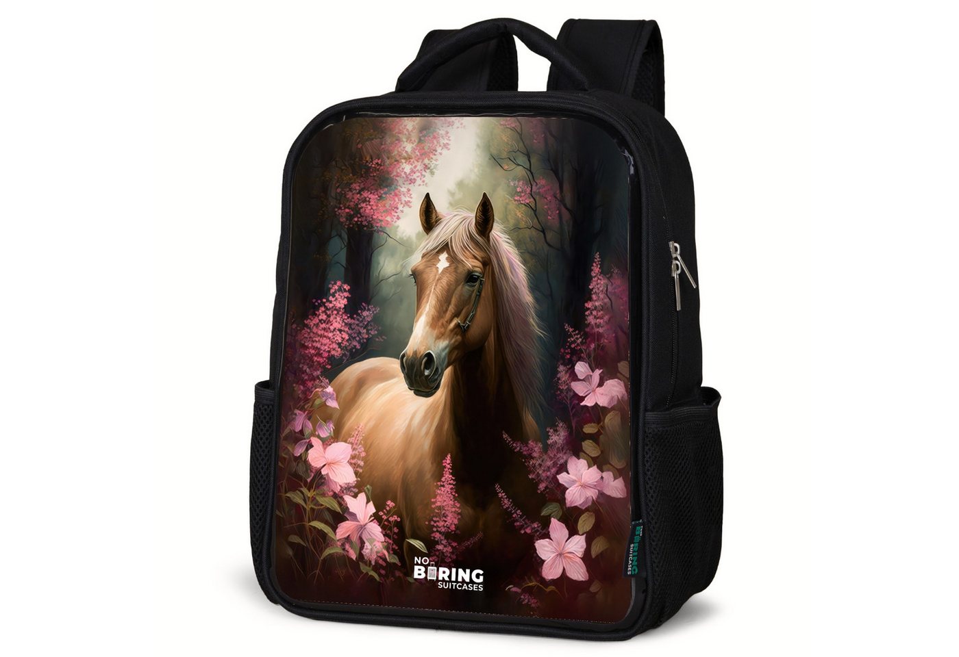 NoBoringSuitcases.com© Rucksack Goldbraun - Pferd - Blumen, Kinderrucksack Schwarz, Schulrucksack, Freizeitrucksack Jungen Mädchen von NoBoringSuitcases.com©