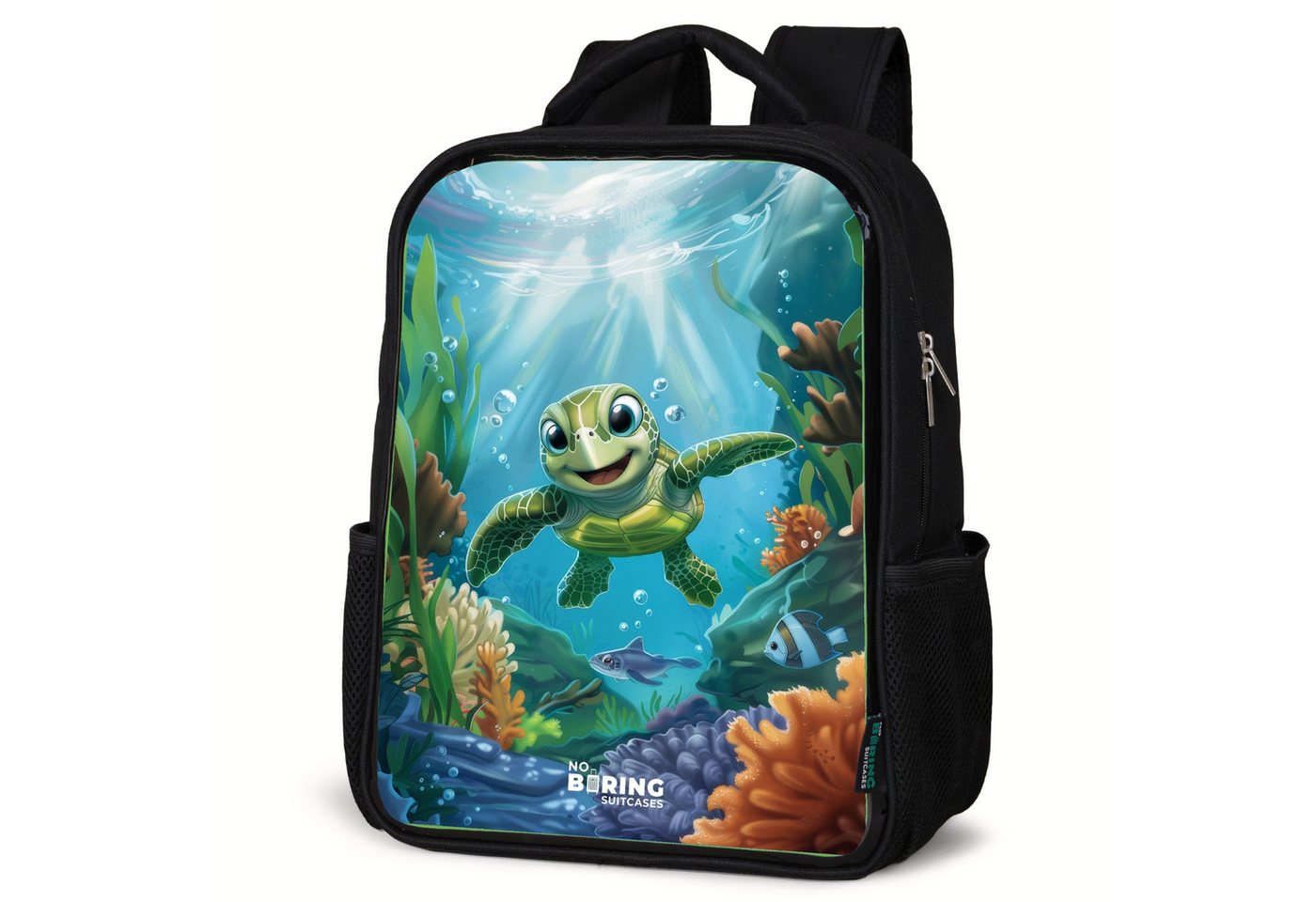 NoBoringSuitcases.com© Rucksack Grüne Schildkröte schwimmend, Kinderrucksack Schwarz, Schulrucksack, Freizeitrucksack Jungen Mädchen von NoBoringSuitcases.com©