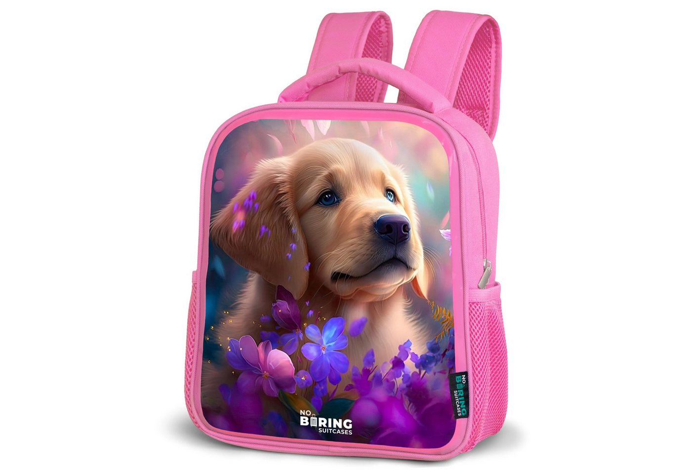 NoBoringSuitcases.com© Rucksack Junger Hund inmitten bunter Blumen, Kinderrucksack, Schulrucksack, Freizeitrucksack, Mädchen, Kindergarten von NoBoringSuitcases.com©