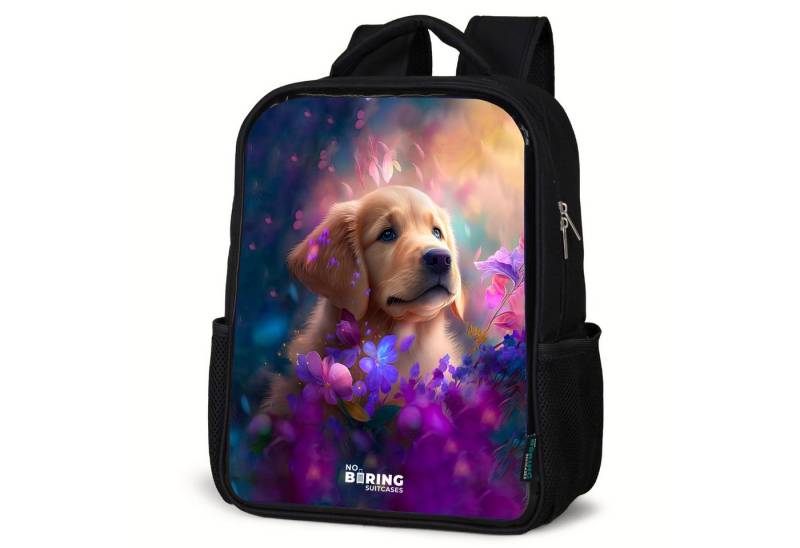 NoBoringSuitcases.com© Rucksack Junger Hund inmitten bunter Blumen, Kinderrucksack Schwarz, Schulrucksack, Freizeitrucksack Jungen Mädchen von NoBoringSuitcases.com©