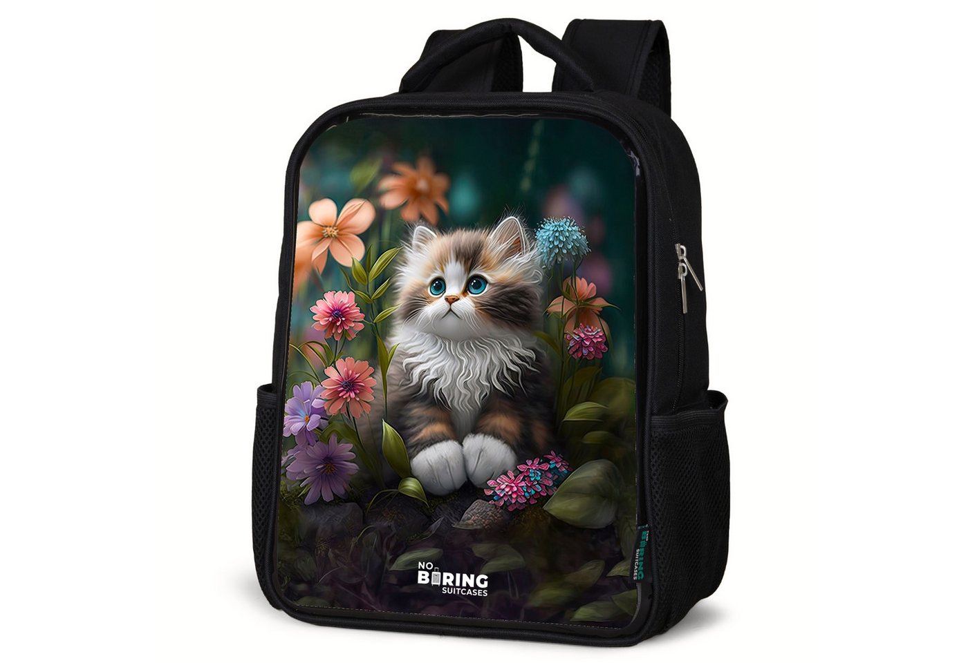 NoBoringSuitcases.com© Rucksack Kätzchen zwischen Blumen, Kinderrucksack Schwarz, Schulrucksack, Freizeitrucksack Jungen Mädchen von NoBoringSuitcases.com©