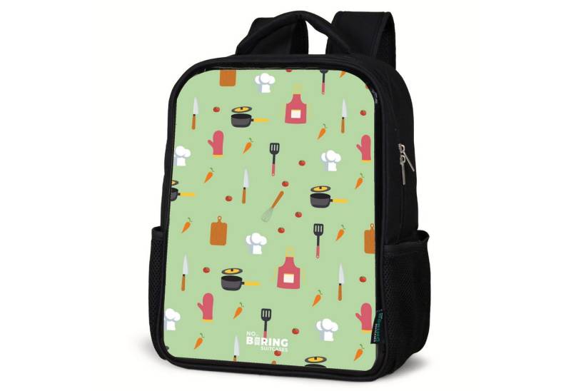 NoBoringSuitcases.com© Rucksack Küchenzubehör und Zutaten auf hellgrün, Kinderrucksack Schwarz, Schulrucksack, Freizeitrucksack Jungen Mädchen von NoBoringSuitcases.com©
