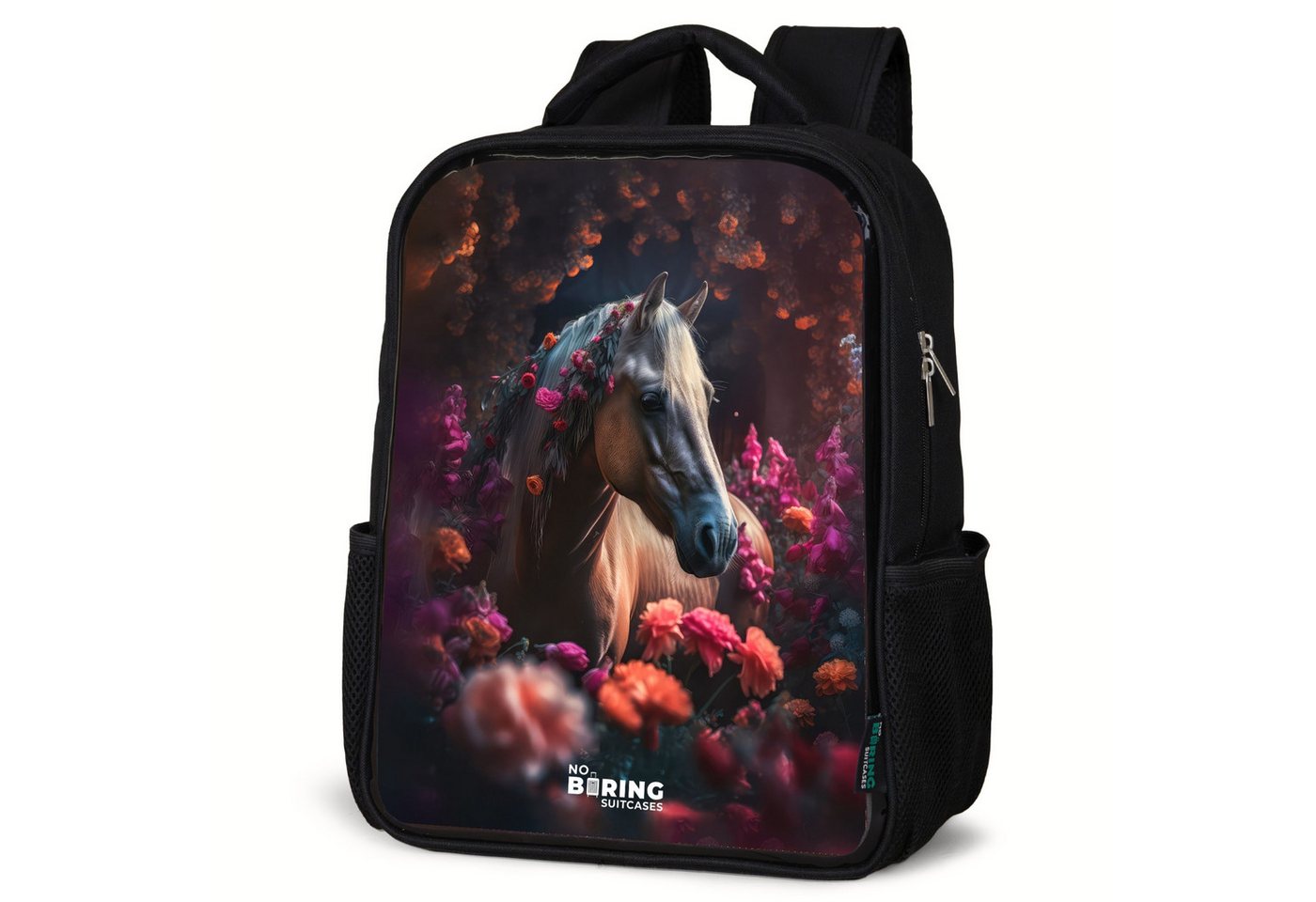 NoBoringSuitcases.com© Rucksack Lila - Pferd - Blumen, Kinderrucksack Schwarz, Schulrucksack, Freizeitrucksack Jungen Mädchen von NoBoringSuitcases.com©