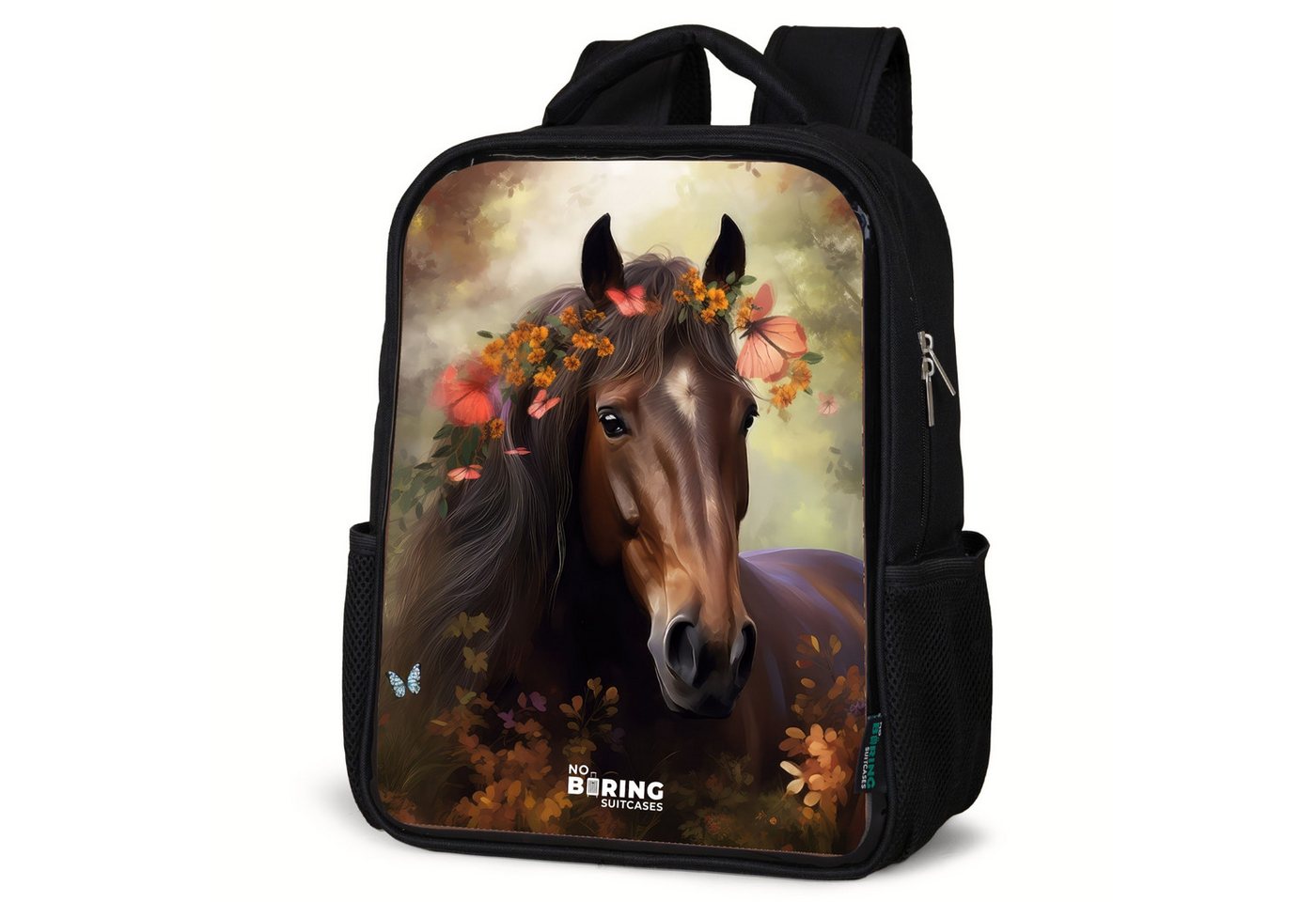 NoBoringSuitcases.com© Rucksack Mähne - Pferd - Braun - Blumen, Kinderrucksack Schwarz, Schulrucksack, Freizeitrucksack Jungen Mädchen von NoBoringSuitcases.com©